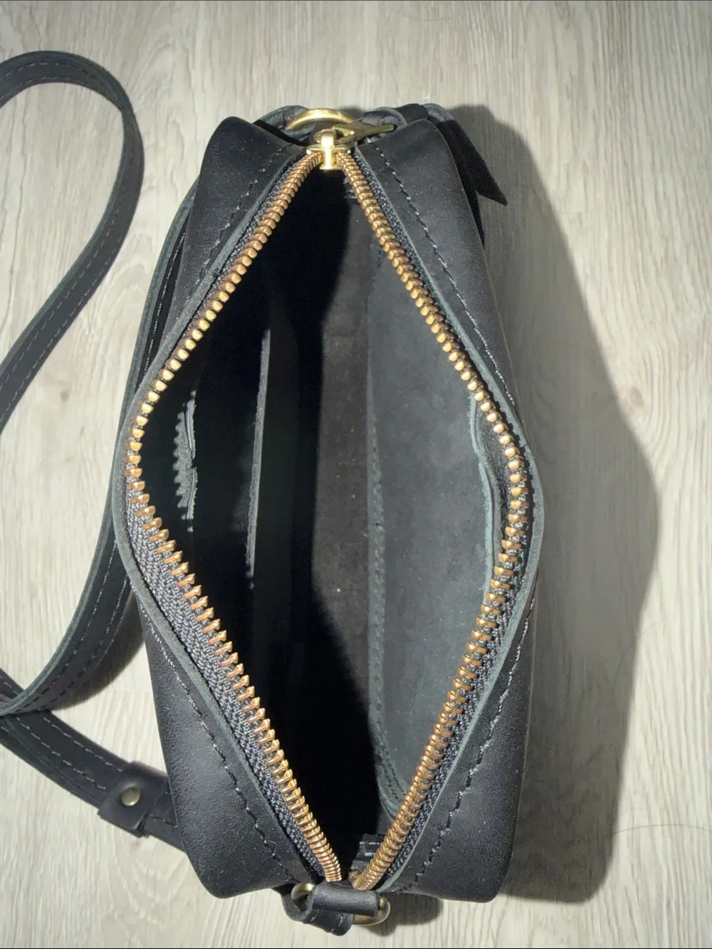 Portland Leather Black Crossbody Camera Bag with Gold Hardware